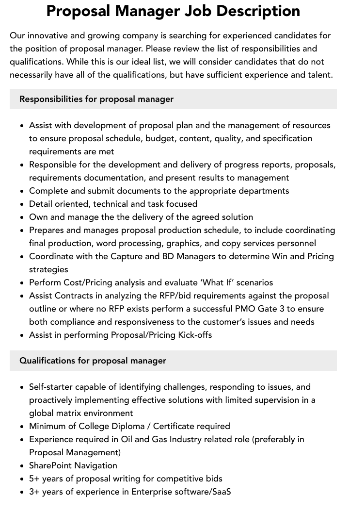 Proposal Manager Job Description Velvet Jobs