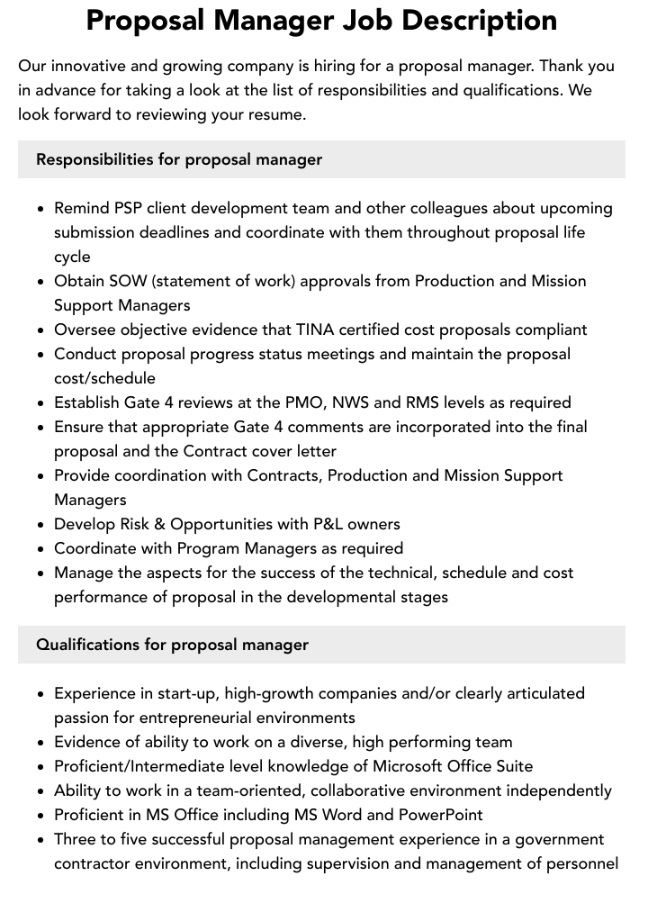 Proposal Manager Job Description Velvet Jobs