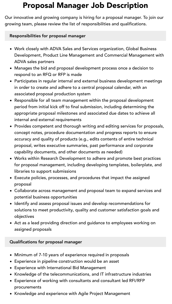 Proposal Manager Job Description Velvet Jobs