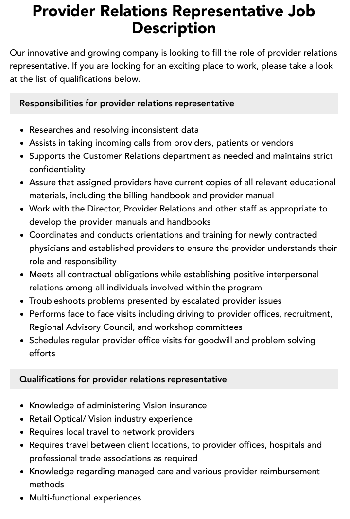 Provider Relations Representative Job Description Velvet Jobs Provider Relations Representative Job Description Velvet Jobs
