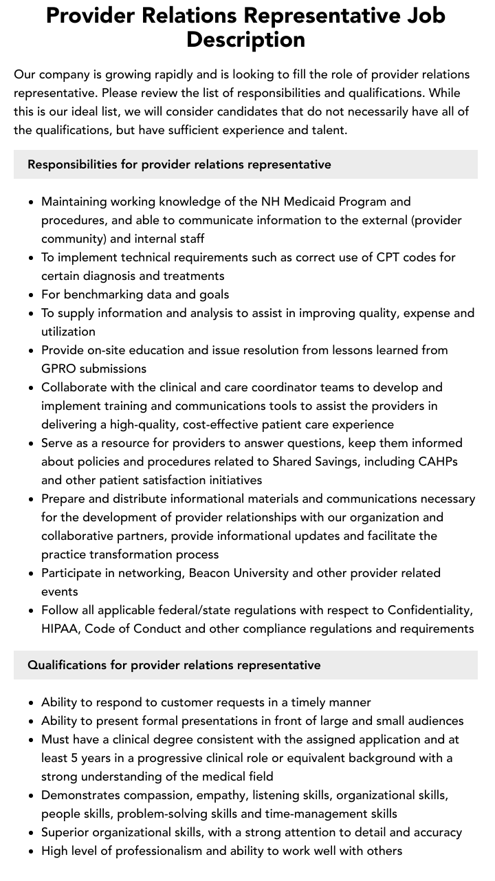 Provider Relations Representative Job Description Velvet Jobs Provider Relations Representative Job Description Velvet Jobs