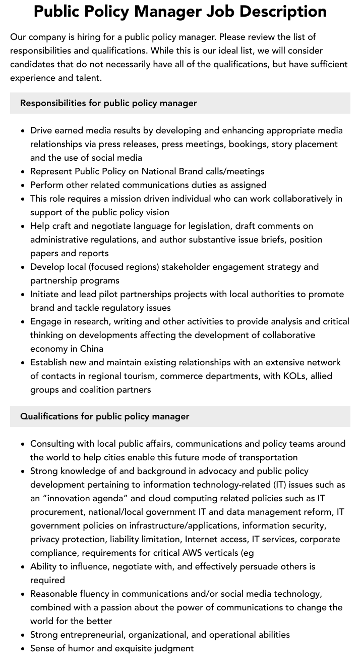 Public Policy Manager Job Description Velvet Jobs