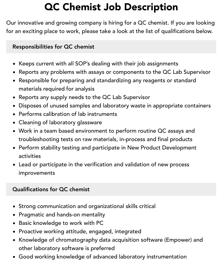 QC Chemist Job Description Velvet Jobs