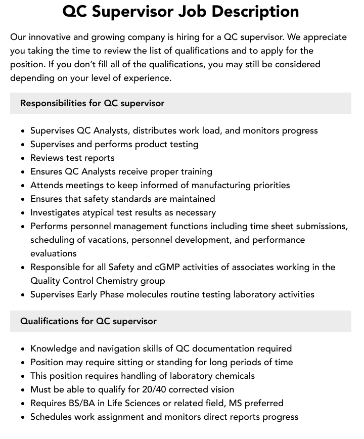 QC Supervisor Job Description Velvet Jobs