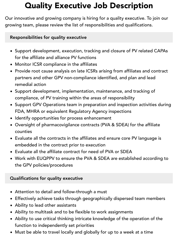 Quality Executive Job Description Velvet Jobs