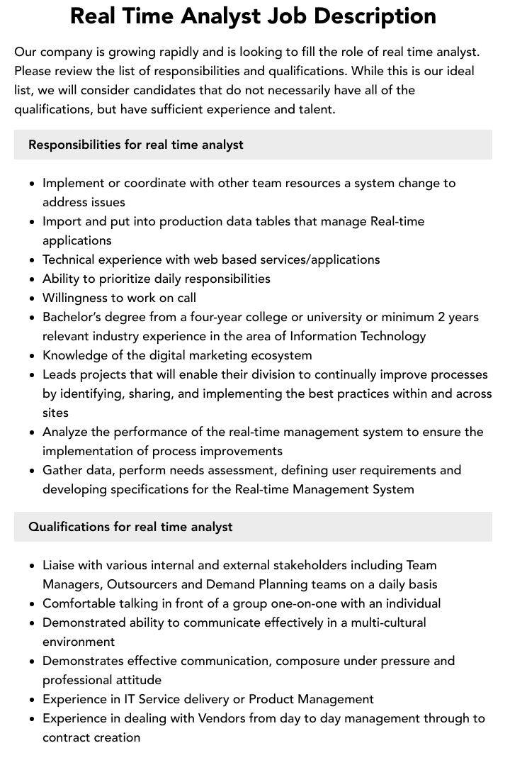 Real Time Analyst Job Description Velvet Jobs