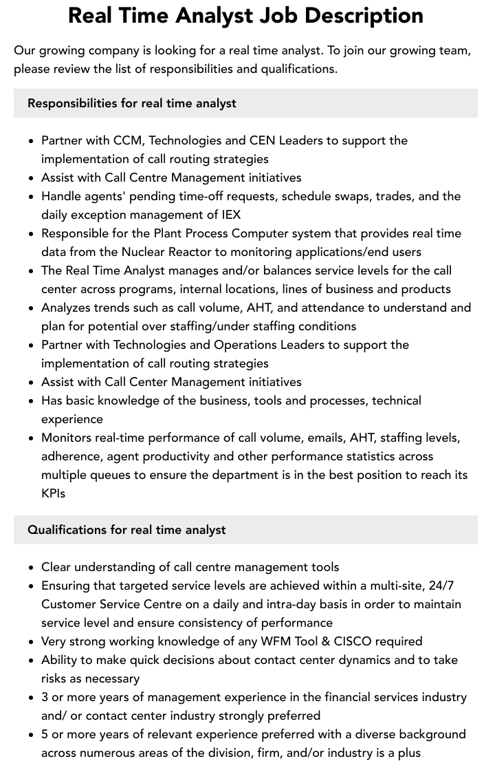 Real Time Analyst Job Description Velvet Jobs