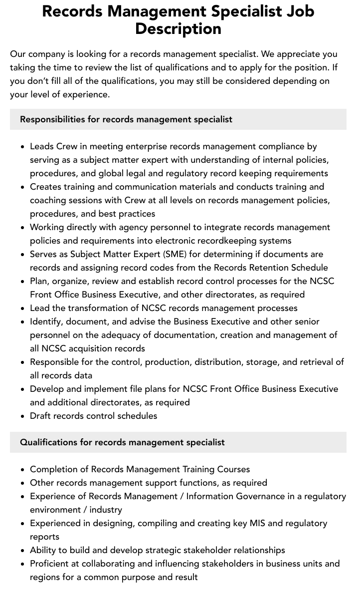 Records Management Manager Job Description