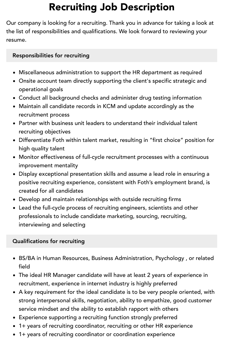 Recruiting Job Description Velvet Jobs