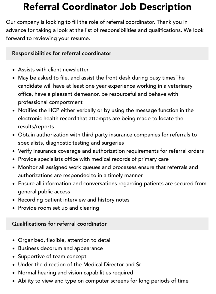 Referral Coordinator Job Description Velvet Jobs