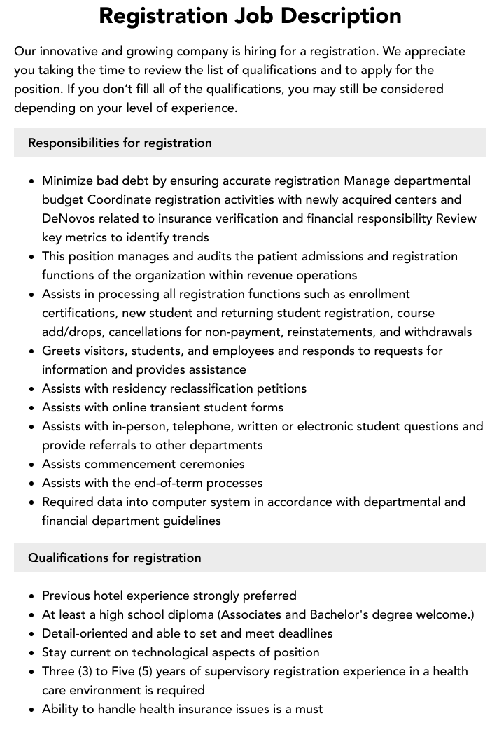 Registration Job Description Velvet Jobs