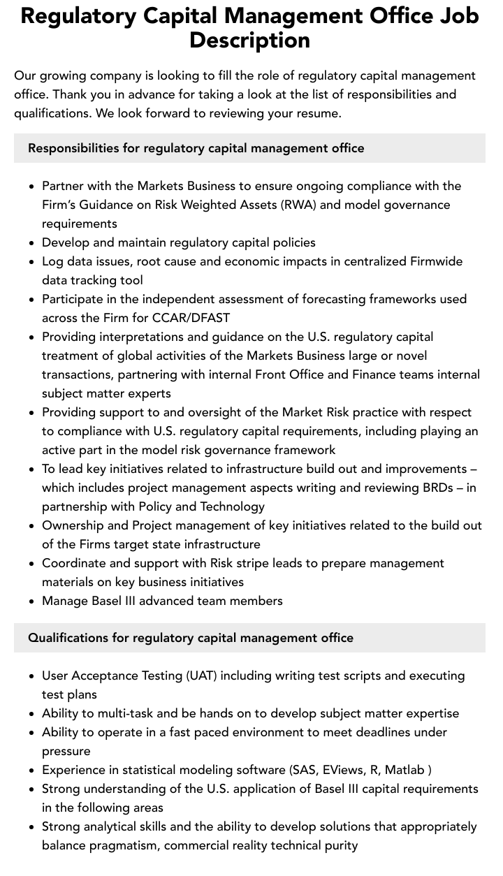 Regulatory Capital Management Office Job Description Velvet Jobs