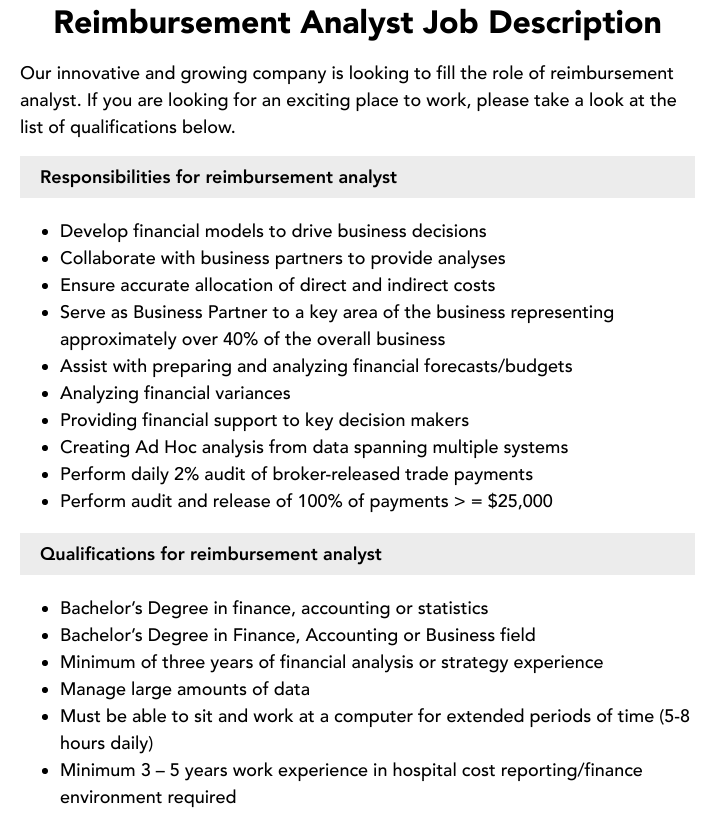 Reimbursement Analyst Job Description Velvet Jobs Reimbursement Analyst Job Description Velvet Jobs