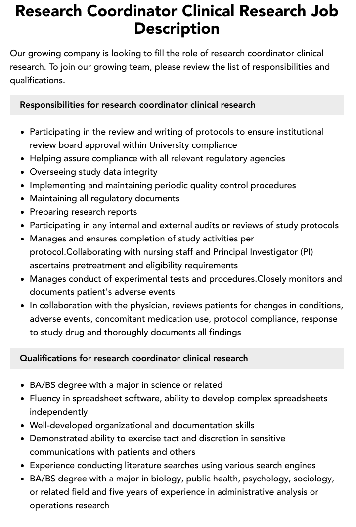 research coordinator job description