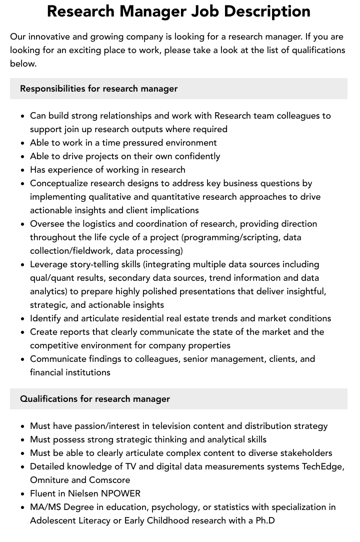 research manager job description