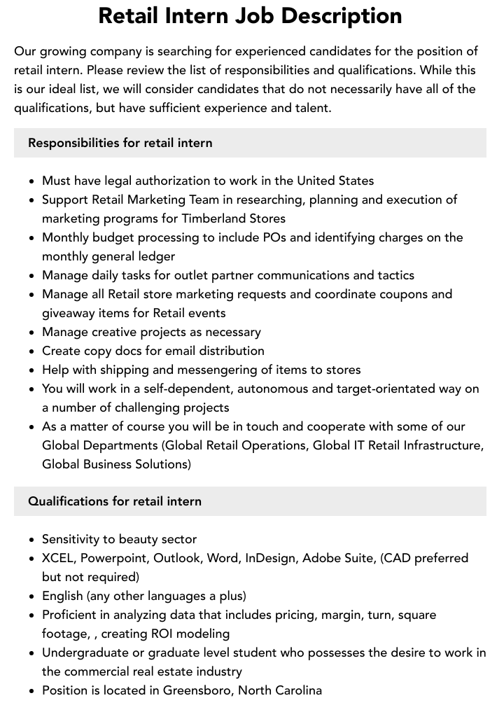 Retail Intern Job Description Velvet Jobs