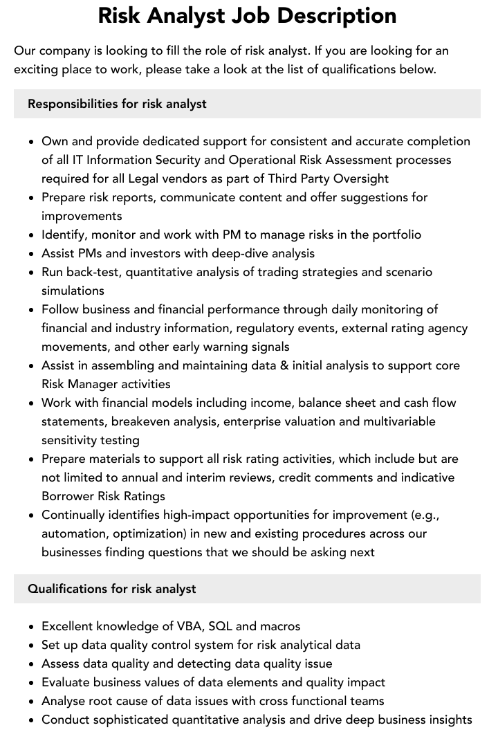 Risk Analyst Job Description Velvet Jobs