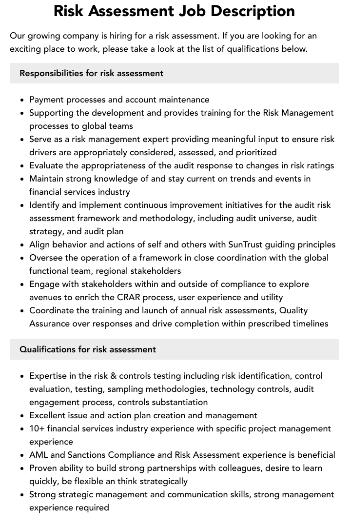 Risk Assessment Job Description Velvet Jobs
