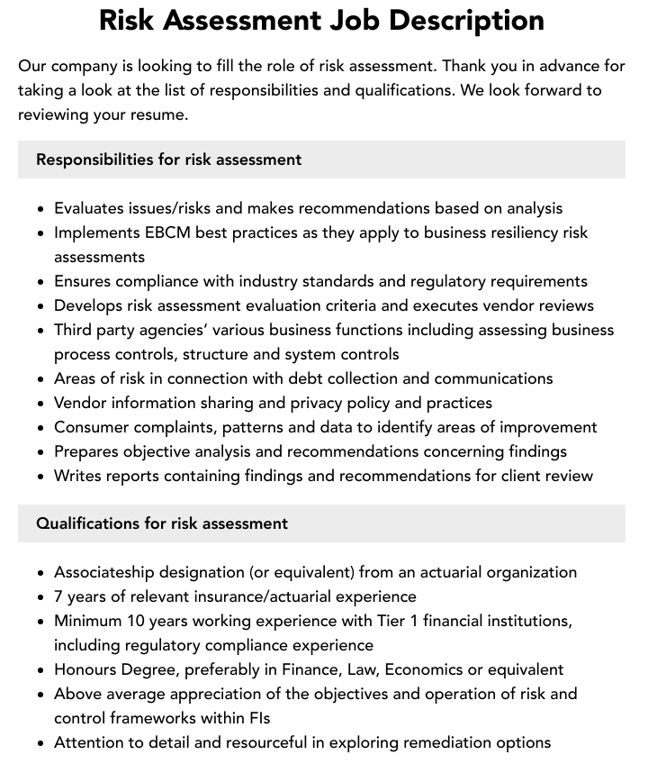 Risk Assessment Job Description Velvet Jobs
