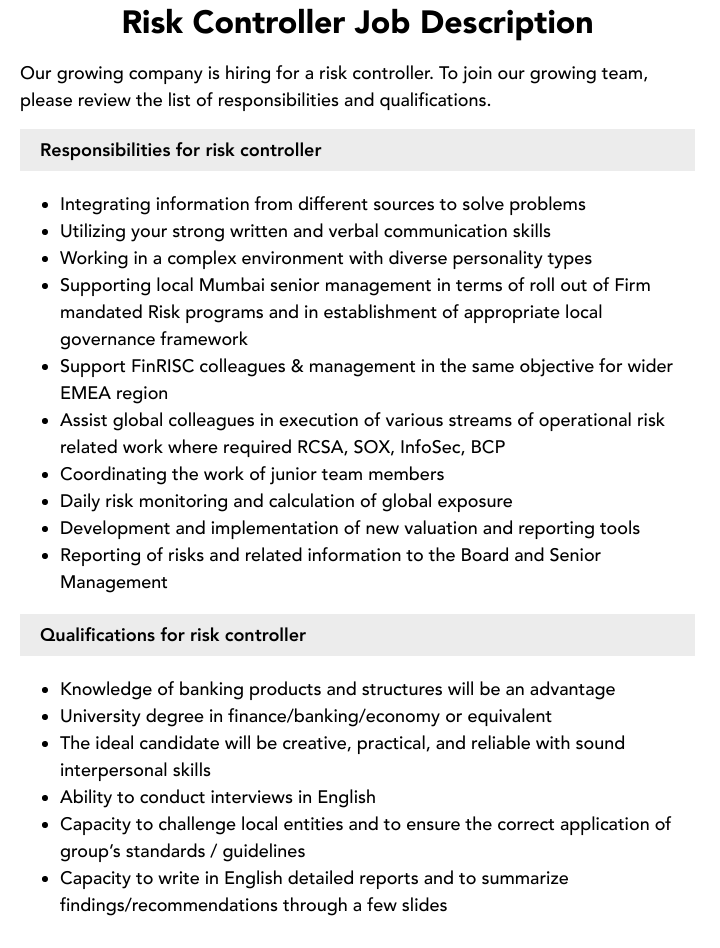 Risk Controller Job Description Velvet Jobs