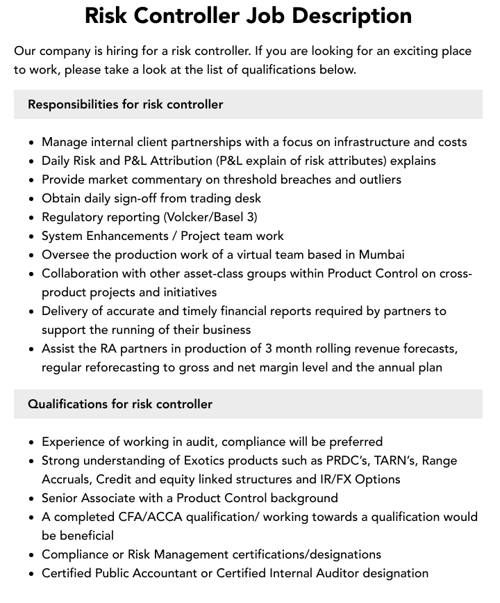 Risk Controller Job Description Velvet Jobs