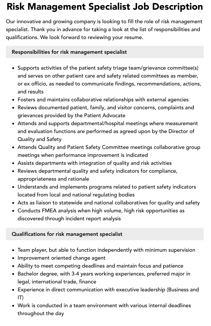 Risk Management Specialist Job Description Velvet Jobs
