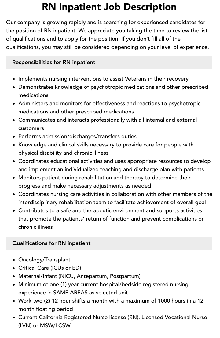RN Inpatient Job Description Velvet Jobs