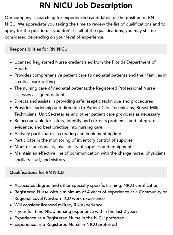 RN NICU Job Description Velvet Jobs