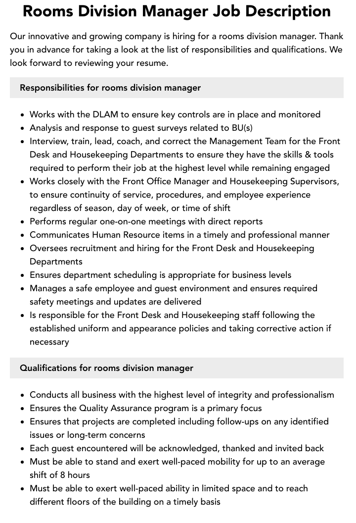 Rooms Division Manager Job Description Velvet Jobs Rooms Division Manager Job Description Velvet Jobs