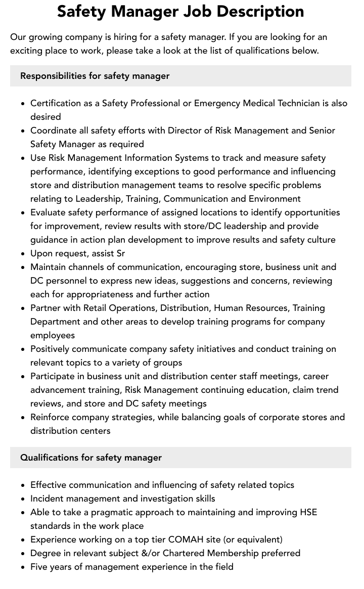 Safety Manager Job Description Velvet Jobs