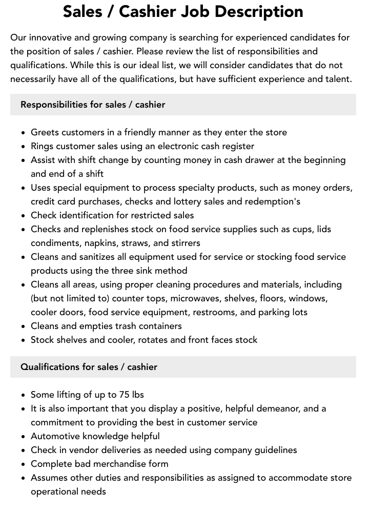 Sales / Cashier Job Description Velvet Jobs