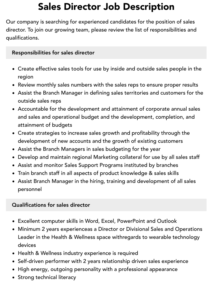 Sales Director Hotel Job Description