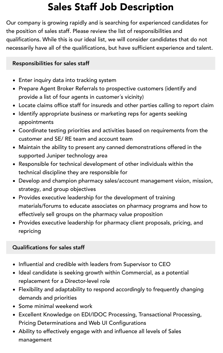 Sales Staff Job Description Velvet Jobs