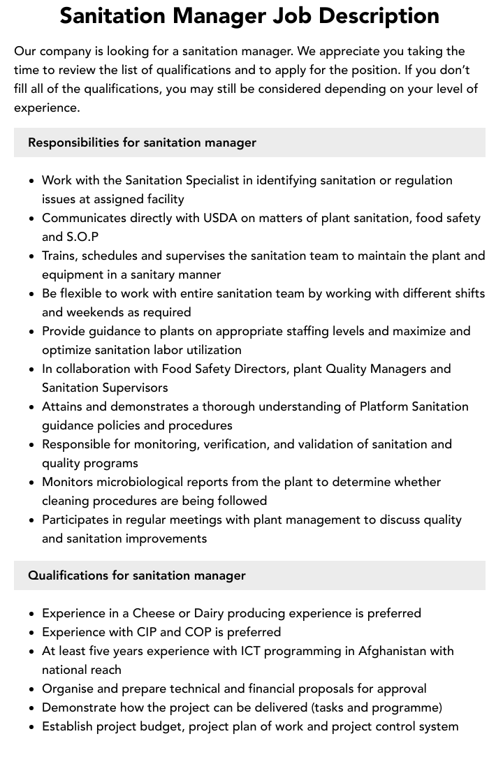 Sanitation Manager Job Description Velvet Jobs 