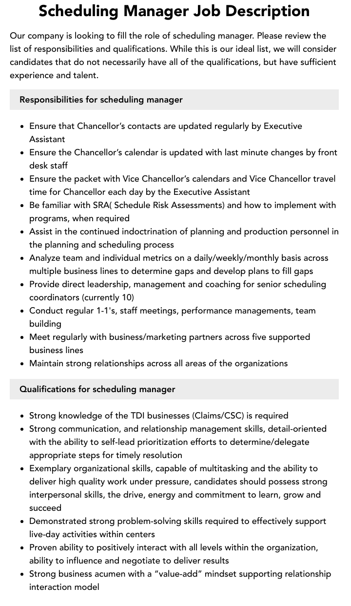 Scheduling Manager Job Description | Velvet Jobs Scheduling Manager Job Description | Velvet Jobs