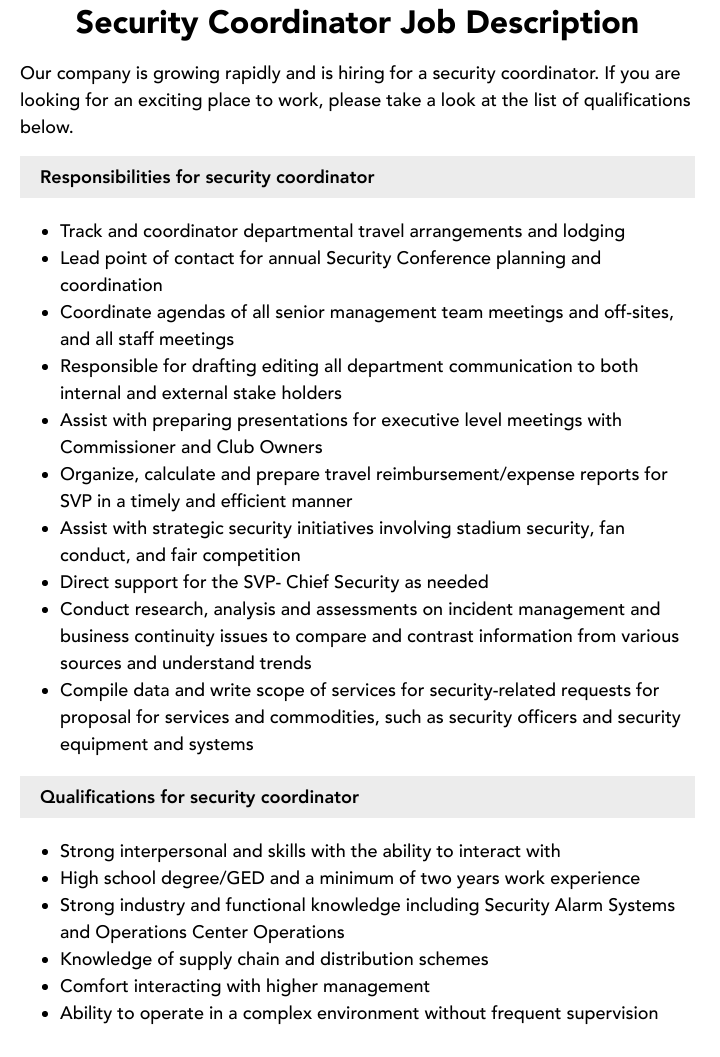 Security Coordinator Job Description Velvet Jobs Security Coordinator Job Description Velvet Jobs