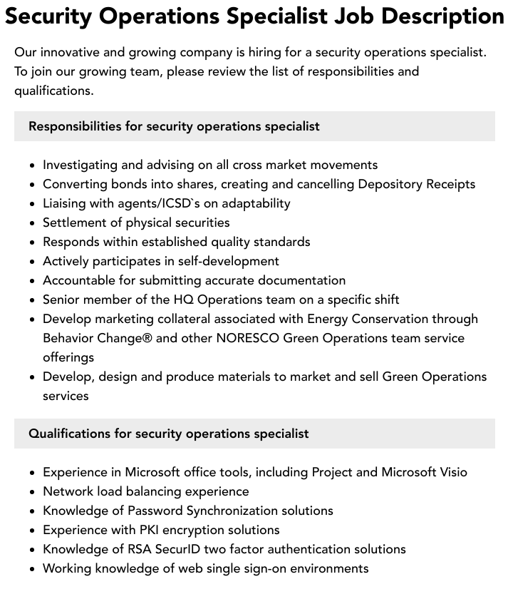 Security Operations Specialist Job Description Velvet Jobs