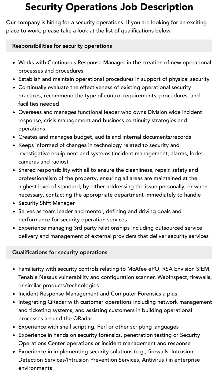 Security Operations Job Description Velvet Jobs