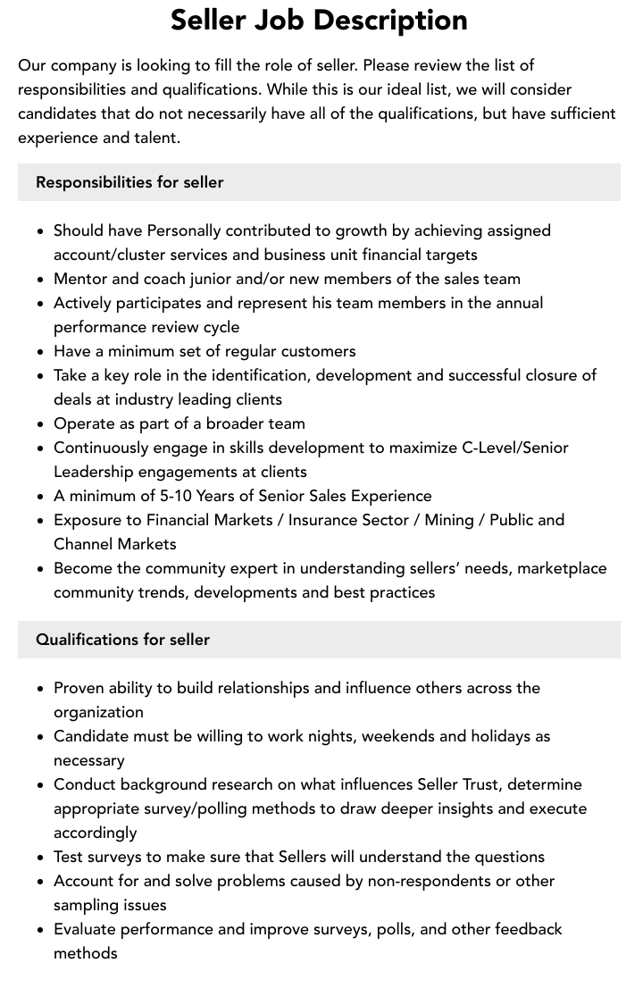Seller Job Description Velvet Jobs