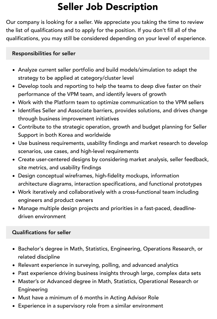 Seller Job Description Velvet Jobs