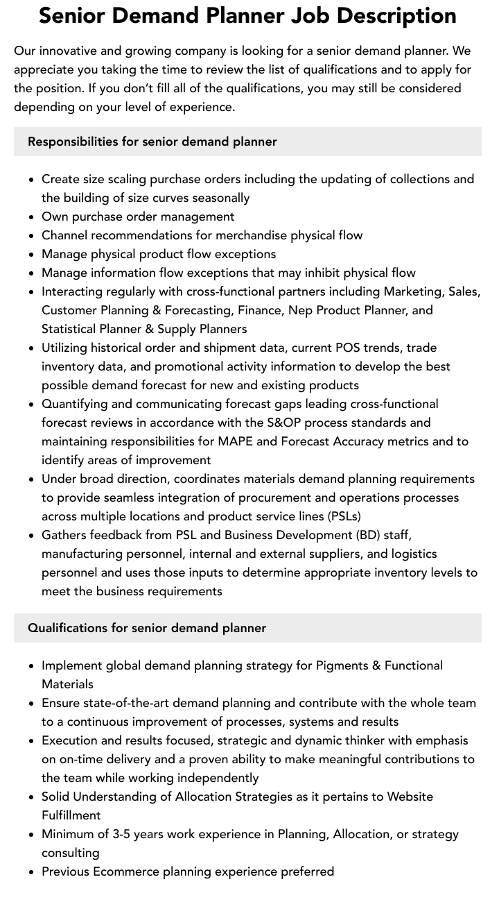Senior Demand Planner Job Description Velvet Jobs