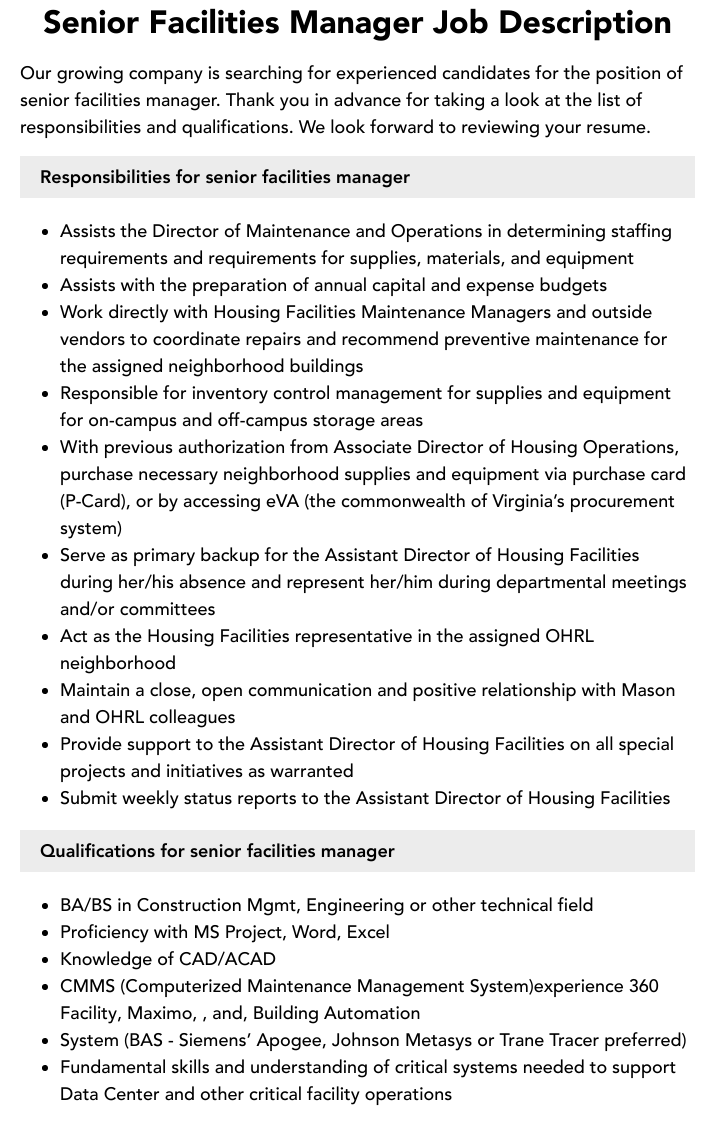 Senior Facilities Manager Job Description Velvet Jobs   Senior Facilities Manager V1 