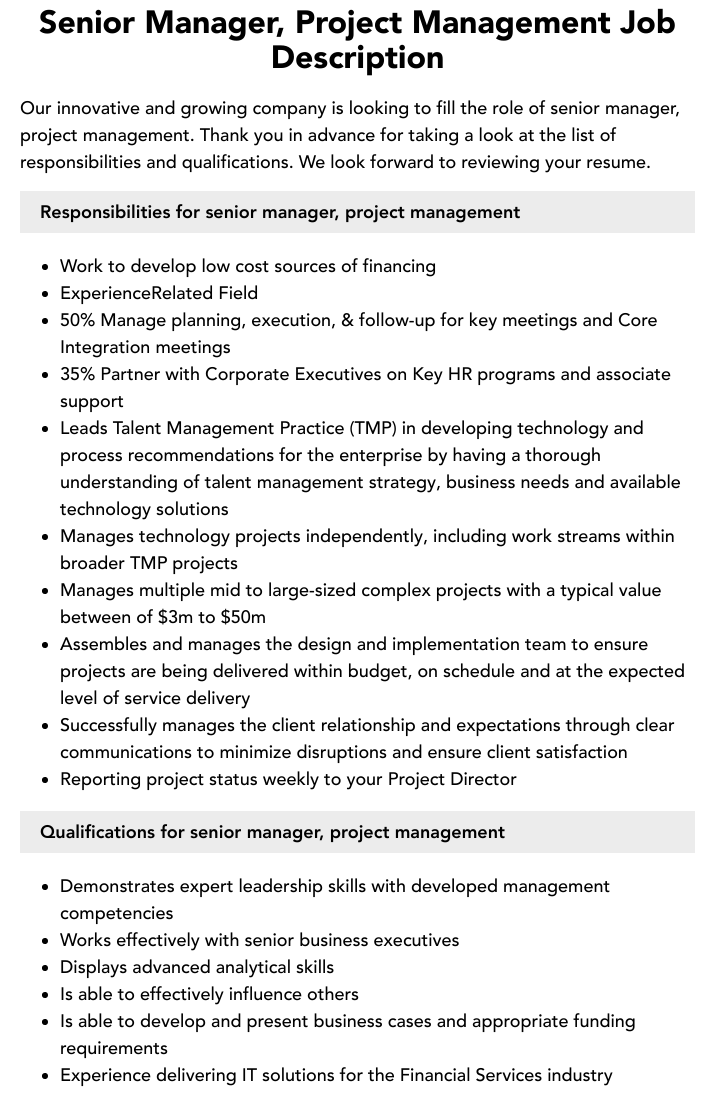 Senior Manager Project Management Job Description Velvet Jobs