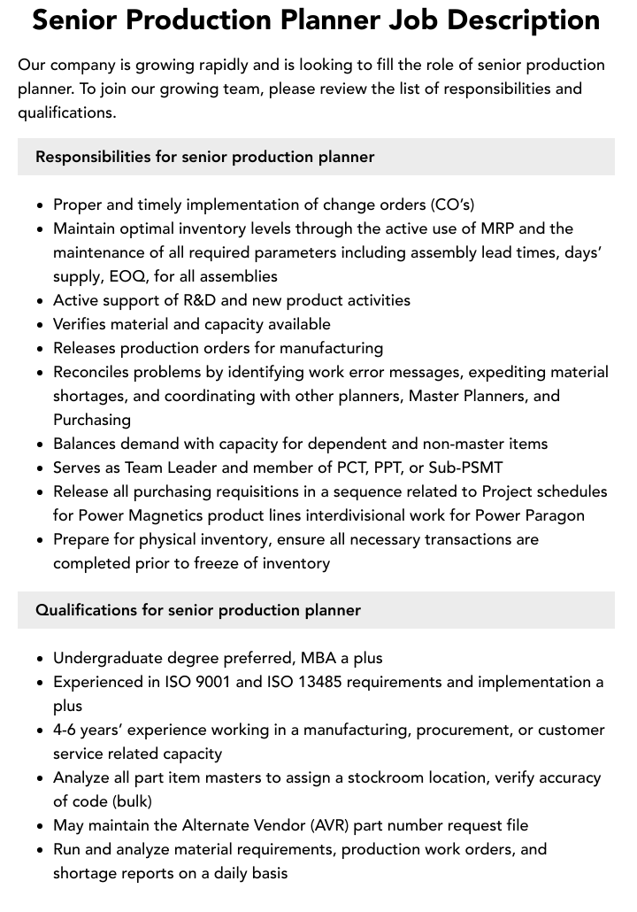 Senior Production Planner Job Description Velvet Jobs
