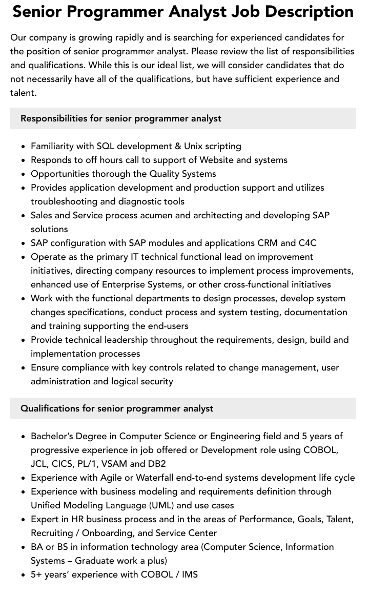 Senior Programmer Analyst Job Description