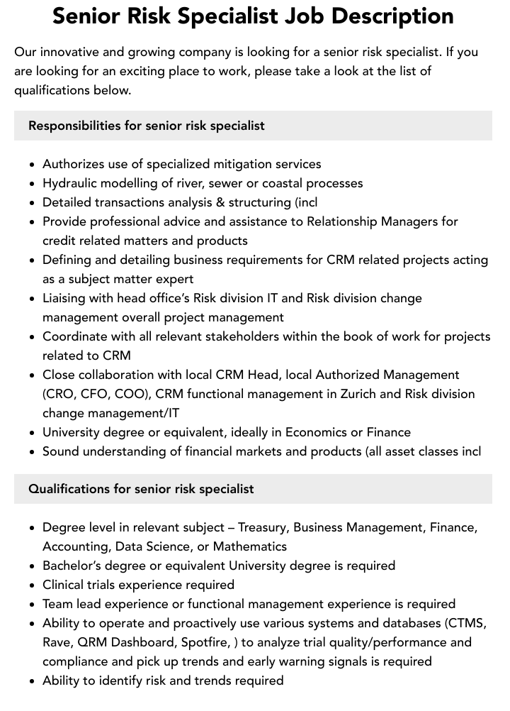 Senior Risk Specialist Job Description Velvet Jobs