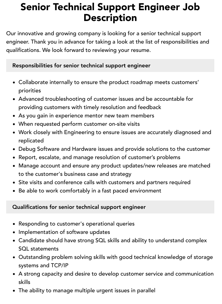 Senior Technical Support Engineer Job Description Velvet Jobs