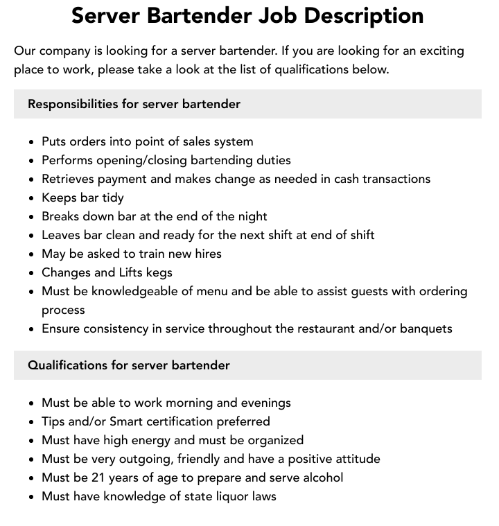 Server Bartender Job Description Velvet Jobs