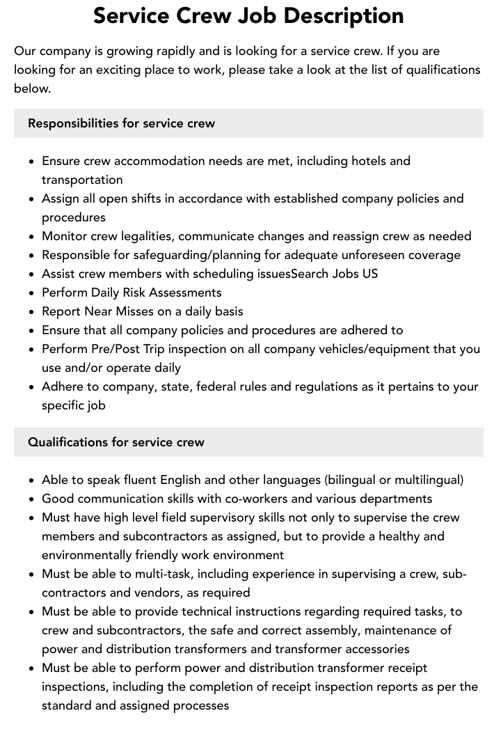 Duties And Responsibilities Of Service Crew