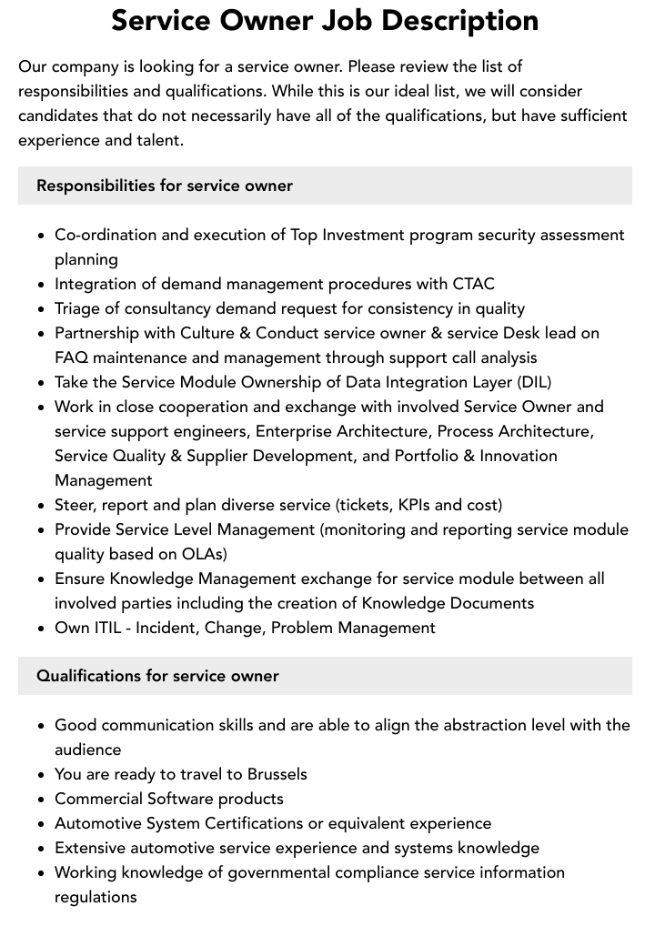 Service Owner Job Description Velvet Jobs